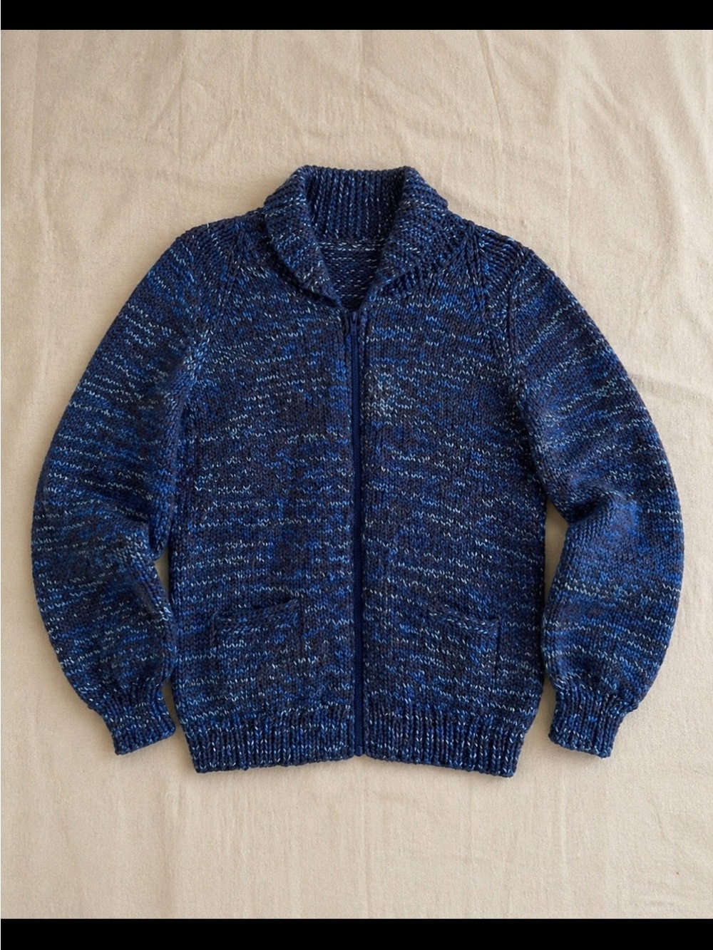 Handmade Knit Full Zip Shawl Collar Sweater Men L Chunky Blue Grandpa Coastal